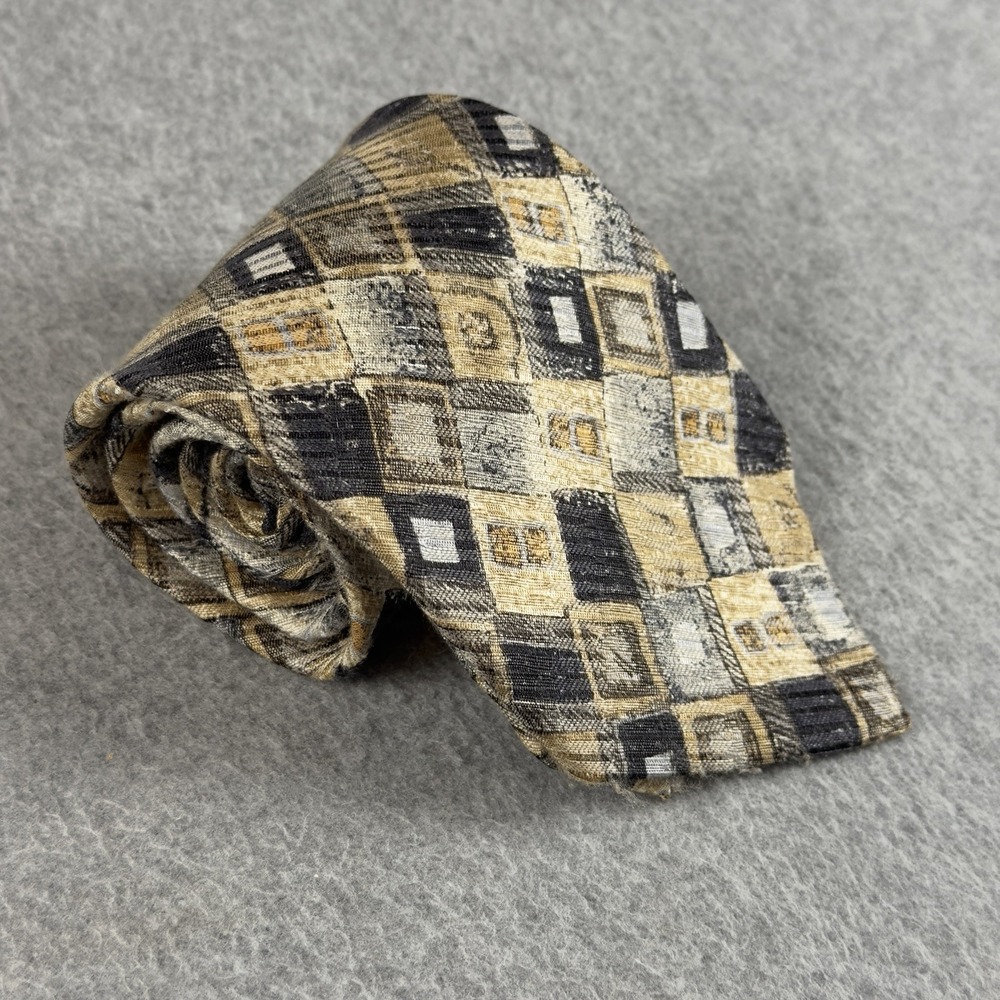 Vintage Altea Milano Silk Tie Gold Black Geometric Abstract Italy 57x3.75"